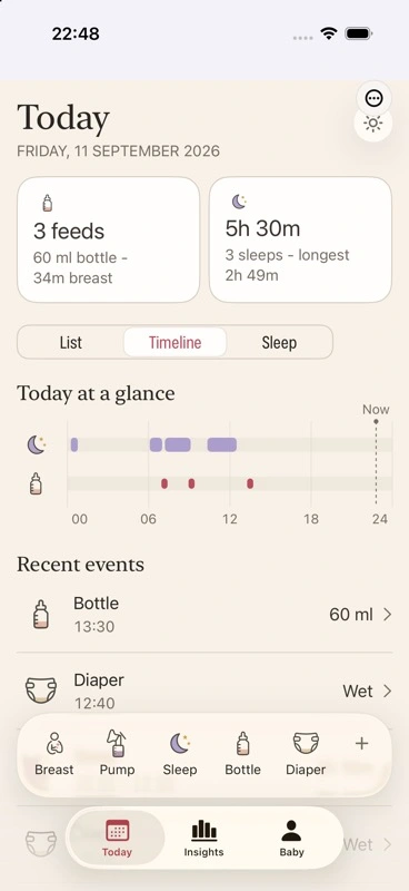Drimi Today screen, showing feeding and sleep summaries, a daily timeline and quick controls for recording care. Example records.