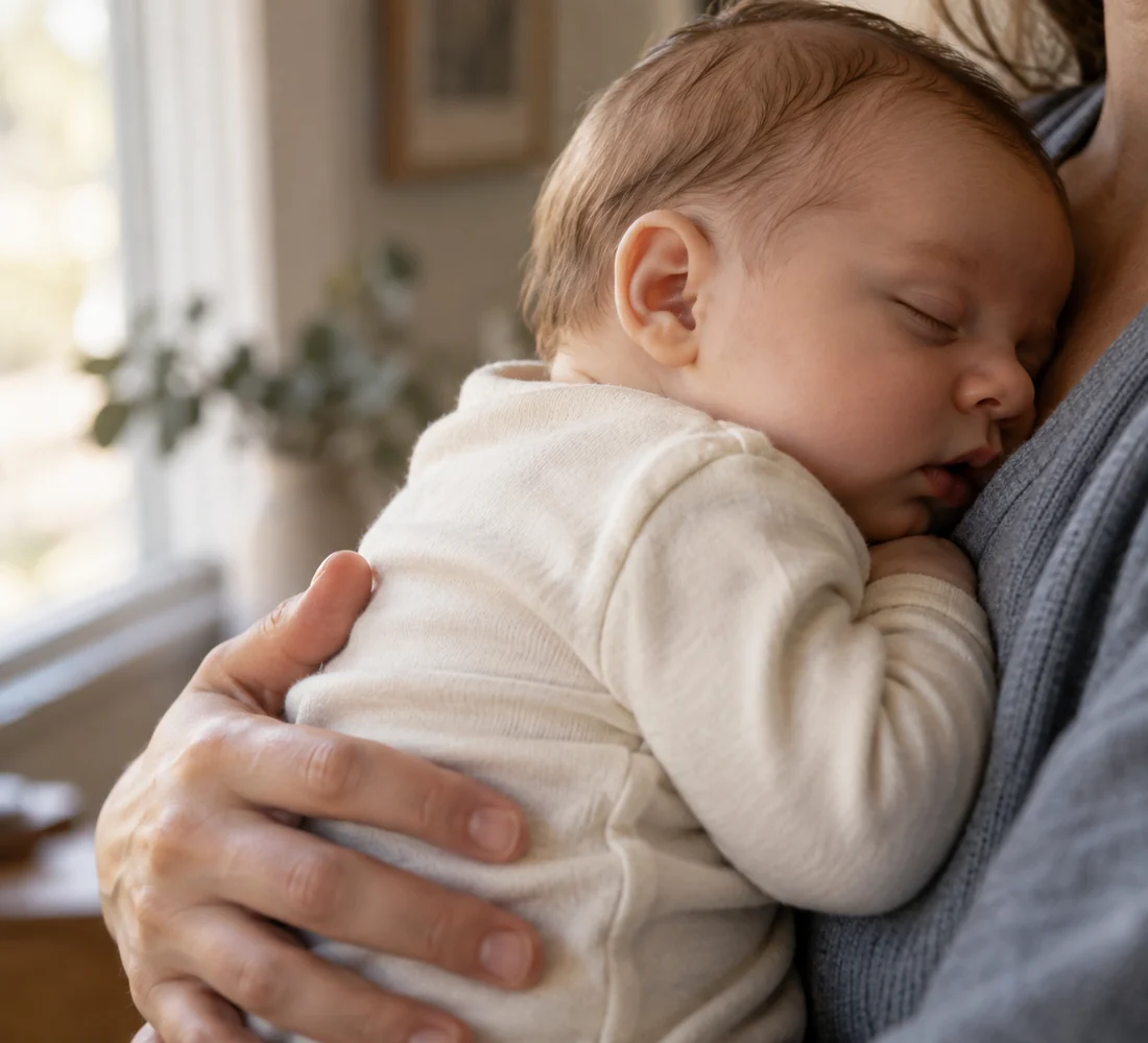 A sleeping baby held in a parent's arms by a softly lit window.